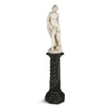 A 19TH CENTURY WHITE MARBLE STATUE OF DIANA on a later green marble base. 90cm high (marble