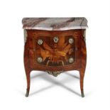 A CONTINENTAL 18TH CENTURY KINGWOOD AND MARQUETRY BOMBÉ SHAPED COMMODE with moulded pink marble