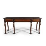 A REGENCY BRASS MOUNTED MAHOGANY SERVING TABLE c.1810, the breakfront top with laurel leaf
