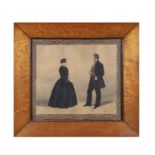 VICTORIAN SCHOOL A full length portrait of a couple Painted within a geometric boarder Gouache,