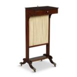 A VICTORIAN MAHOGANY FRAMED FIRE SCREEN STAND, with adjustable fabric panel and work box.