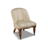 A VICTORIAN MAHOGANY AND UPHOLSTERED BEDROOM CHAIR, C.1850 covered in a pale striped fabric on