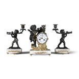 A FRENCH BRONZE ORMOLU AND MARBLE THREE-PIECE CLOCK GARNITURE, comprising a mantle clock and