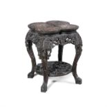 A CHINESE PADOUK AND ROUGE MARBLE JARDINERE STAND, LATE QING DYNASTY, the top with interlinked