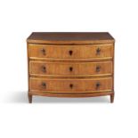 A GEORGE III SATINWOOD INLAID AND CROSSBANDED BOWFRONT CHEST OF DRAWERS, with three long ebon