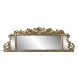 A 19TH CENTURY GILTWOOD OVERMANTLE MIRROR of oblong shape with three glass compartments shell