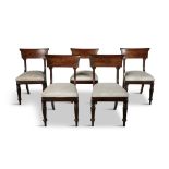 A SET OF FIVE WILLIAM IV MAHOGANY RAIL BACK DINING CHAIRS with cream damask seats,