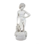 A 19TH CENTURY MARBLE FIGURE OF A YOUNG BACCHUS, GOD OF WINE, depicted standing in a barrel of