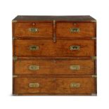 A VICTORIAN BRASS BOUND MAHOGANY CAMPAIGN CHEST of two short and three long drawers with