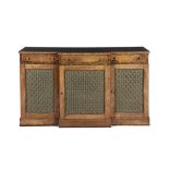 A REGENCY ROSEWOOD AND BRASS INLAID BREAKFRONT SIDE CABINET, the shaped top cross banded and