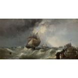 Edwin Hayes RHA RI ROI (1819-1904) Ostend Pier Oil on millboard, 17.6 x 32.3cm (7 x