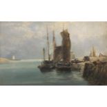Edwin Hayes RHA RI ROI (1819-1904) Shoreham Harbour Oil on panel, 17 x 27.5cm (6¾ x