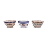 THREE SPONGEWARE POTATOE BOWLS, with various leaves and flowers. Each 22cm (3) Provenance: Part