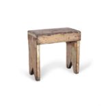 A 19TH CENTURY PAINTED PINE LOW STOOL, the plain panel seat, on slated side supports.