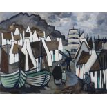 Markey Robinson (1918 - 1999) Cottages, Figures, Ships Gouache on board, 74 x 99cm (29 x