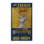 A PAINTED TIMBER ADVERTISING SIGN FOR IRISH SWEEPS, painted in blue and yellow. 102 x 56cm
