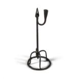 A 19TH CENTURY FORGED IRON TABLE RUSH LIGHT. 40cm high