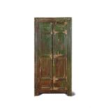 AN UNUSUALLY TALL 19TH CENTURY PAINTED PINE CUPBOARD, the plain cornice surround enclosing two