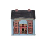 A 19TH CENTURY PAINTED PINE DOLL'S HOUSE, painted in blue and red with four bay windows and glazed