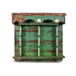 A 19TH CENTURY PAINTED PINE SPIT RACK, with panelled back and an arcaded top, decorated with
