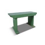 A PAINTED PINE LOW STOOL, with plain panel seat and panel side legs, in green. 76 (w) x 26(d) x