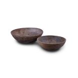 TWO LARGE SYCAMORE CARVED BOWLS, the largest with thick carved band. 38(d) x 14(h)cm ; 56(d) x