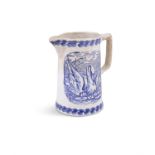 A SPONGEWARE AND TRANSFER PRINTED WATER JUG, decorated with swans in blue. 18(h) x 17 (w)cm