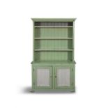 A 19TH CENTURY PAINTED PINE DRESSER IN GREEN AND WHITE, the moulded cornice, above four open