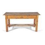 A STAINED PINE KITCHEN TABLE, with two plank rectangular top, above single frieze drawer,