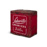 AN EARLY 20TH CENTURY LAKEVILLE CREAM ICE COOLER BOX, the hinged lid with lined interior painted in