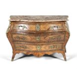 A LOUIS QUINZE KINGWOOD, ROSEWOOD BANDED AND MARQUETRY BOMBÉ COMMODE, with shaped brocatelle