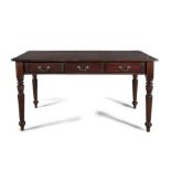 A WILLIAM IV MAHOGANY WRITING TABLE, the frieze fitted with two drawers and raised on turned