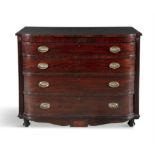 A VICTORIAN MAHOGANY SHALLOW BOW FRONT CHEST OF FOUR LONG DRAWERS flanked by fluted pilasters