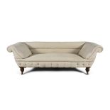 A WILLIAM IV MAHOGANY FRAMED SCROLL END SOFA, covered in beige fabric, raised on fluted short