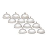 A SET OF TWELVE SILVER PLATED DOMED DISH COVERS each with a stylised acorn finial,