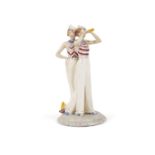 AN ENGLISH CROWN DEVON PORCELAIN FIGURAL GROUP OF FEMALE SAILORS, 20TH CENTURY. 29cm high