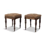 A PAIR OF WILLIAM IV / GEORGE IV ROSEWOOD FRAMED STOOLS, the square buttoned tops upholstered in