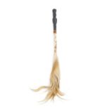 A PACIFIC ISLANDS FLY WHISK with ebonised figural handle and tail hair. Approx. 65cm long