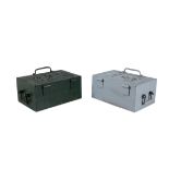 TWO SIMILAR VICTORIAN PAINTED CAST IRON OFFICAL STRONG BOXES with crowned cyphers within panels,
