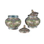 A FINE PAIR OF CHINESE CLOISONNÉ ENAMEL JARS AND COVERS, QING DYNASTY each of globular form