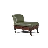 AN EARLY VICTORIAN MAHOGANY AND GREEN HIDE UPHOLSTERED GOUT STOOL with adjustable rachet on toupie