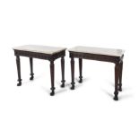 A PAIR OF GEORGIAN STYLE MARBLE TOP MAHOGANY CONSOLE TABLES, the cream marble tops,