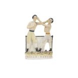 A STAFFORDSHIRE FLAT BACK POTTERY GROUP OF BOXERS JOHN HEENAN AND TOM SAYERS 19th CENTURY,