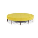 STOOL A velvet upholstered oval stool on 8 legs with brass caps. Italy, c.1960. 150 x 90 x 40cm(h)