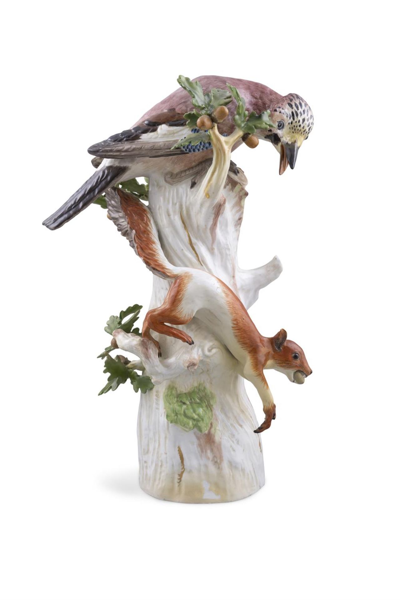 A LARGE 19TH CENTURY MEISSEN PAINTED PORCELAIN GROUP depicting a Jay atop a tree trunk chasing