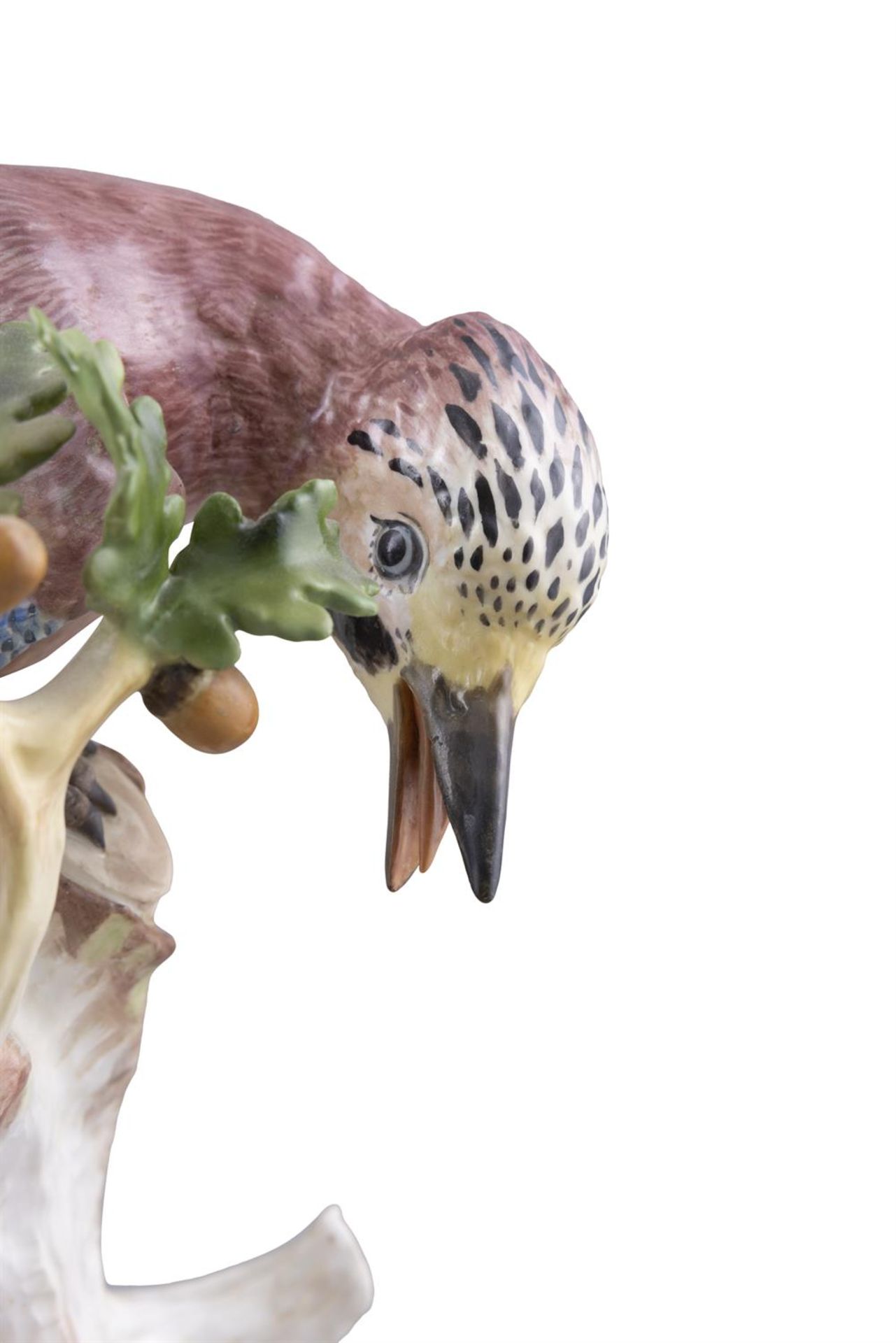 A LARGE 19TH CENTURY MEISSEN PAINTED PORCELAIN GROUP depicting a Jay atop a tree trunk chasing - Image 3 of 5