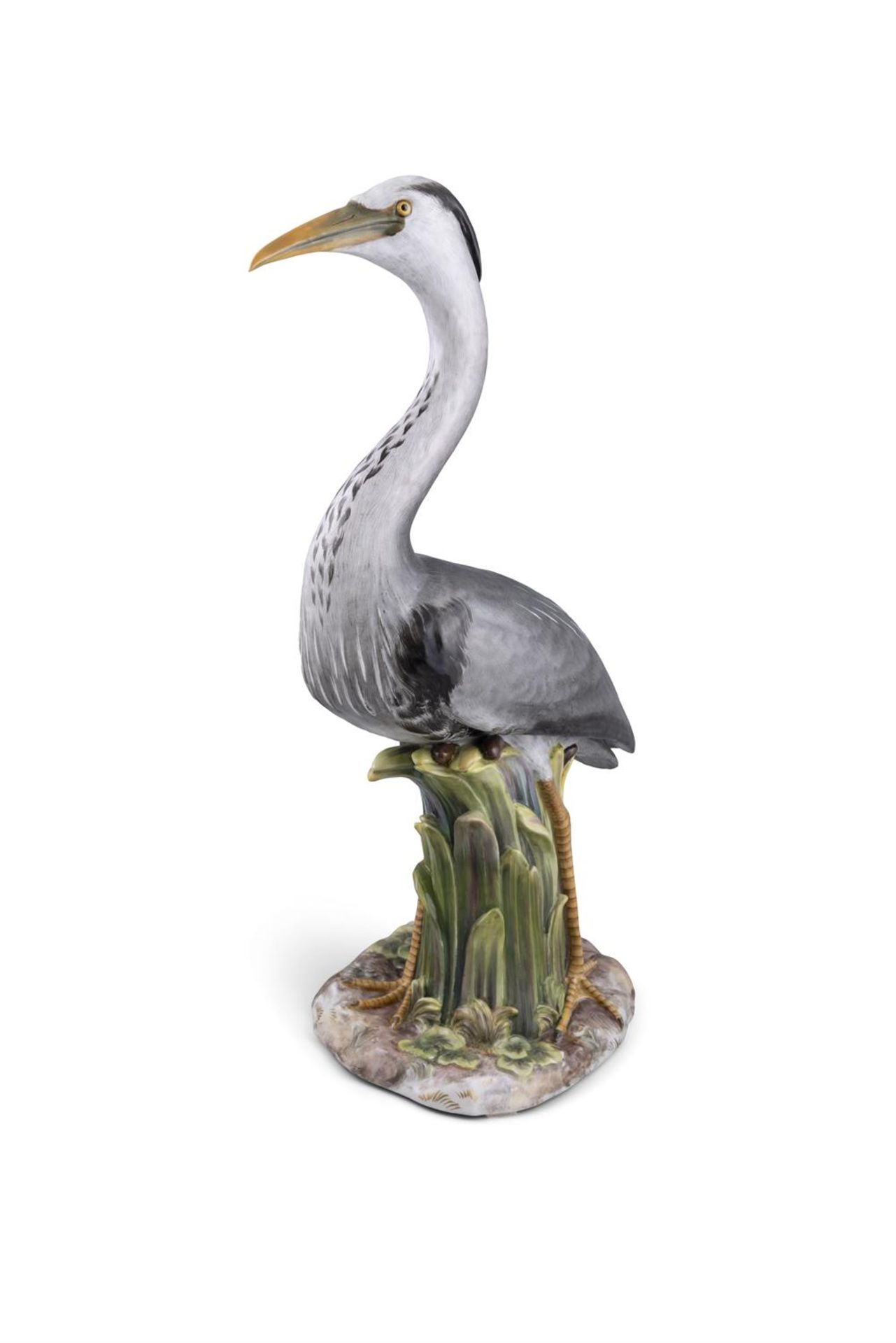 AN EXCEPTIONALLY LARGE 19TH CENTURY MEISSEN PAINTED PORCELAIN FIGURE OF A STANDING HERON IN