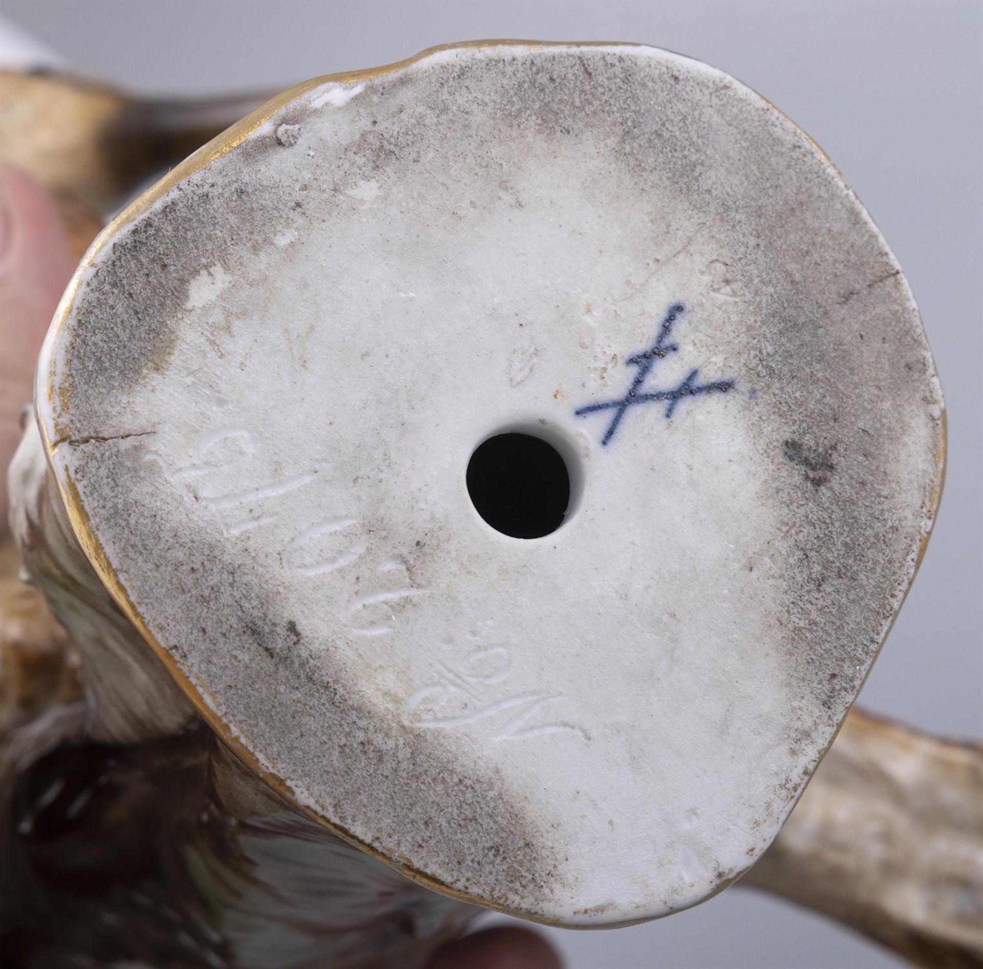 AN EARLY 19TH CENTURY MEISSEN PAINTED PORCELAIN MODEL OF A SNIPE standing by a tree trunk with - Image 3 of 3