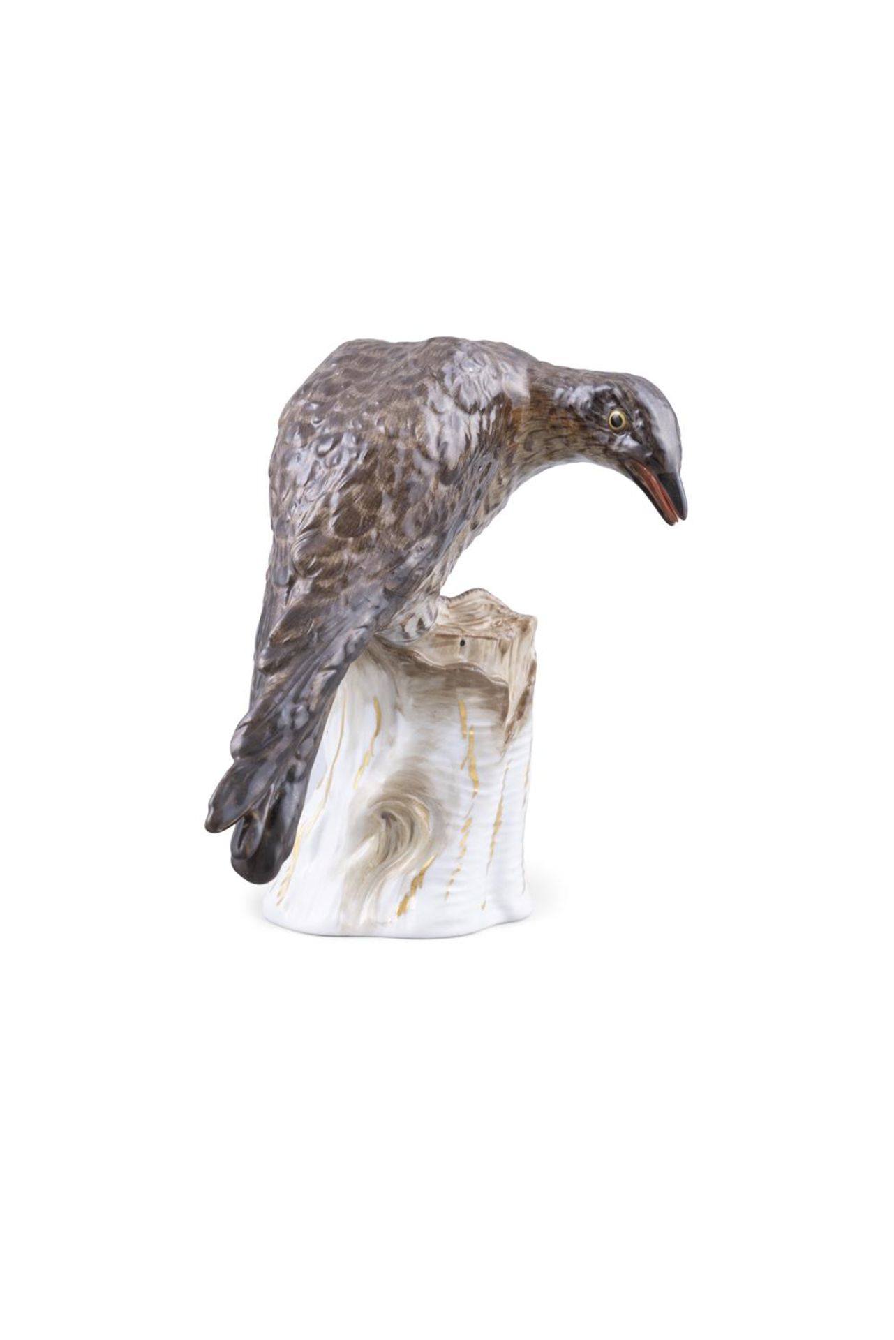 A 19TH CENTURY MEISSEN PAINTED PORCELAIN MODEL OF A SPARROW HAWK on a tree stump, - Image 2 of 4