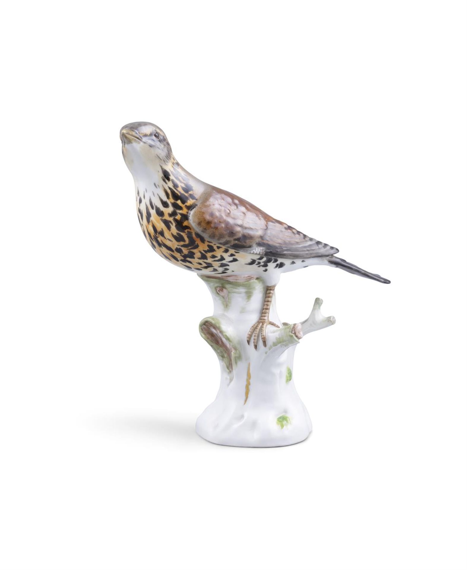 A 19TH CENTURY MEISSEN PAINTED PORCELAIN MODEL OF A THRUSH standing on a tree stump,